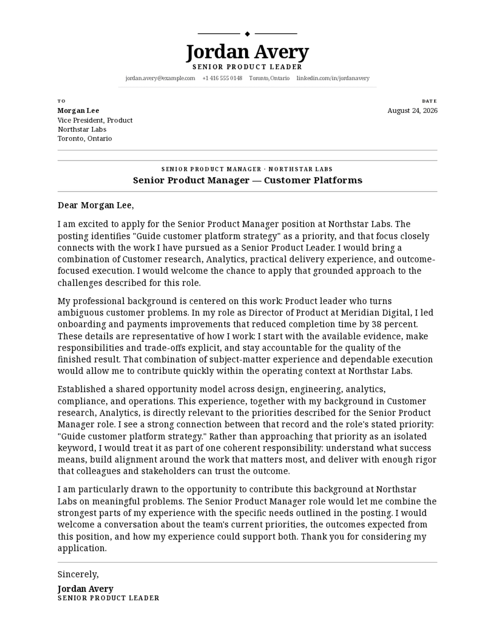 One Pager cover letter template preview